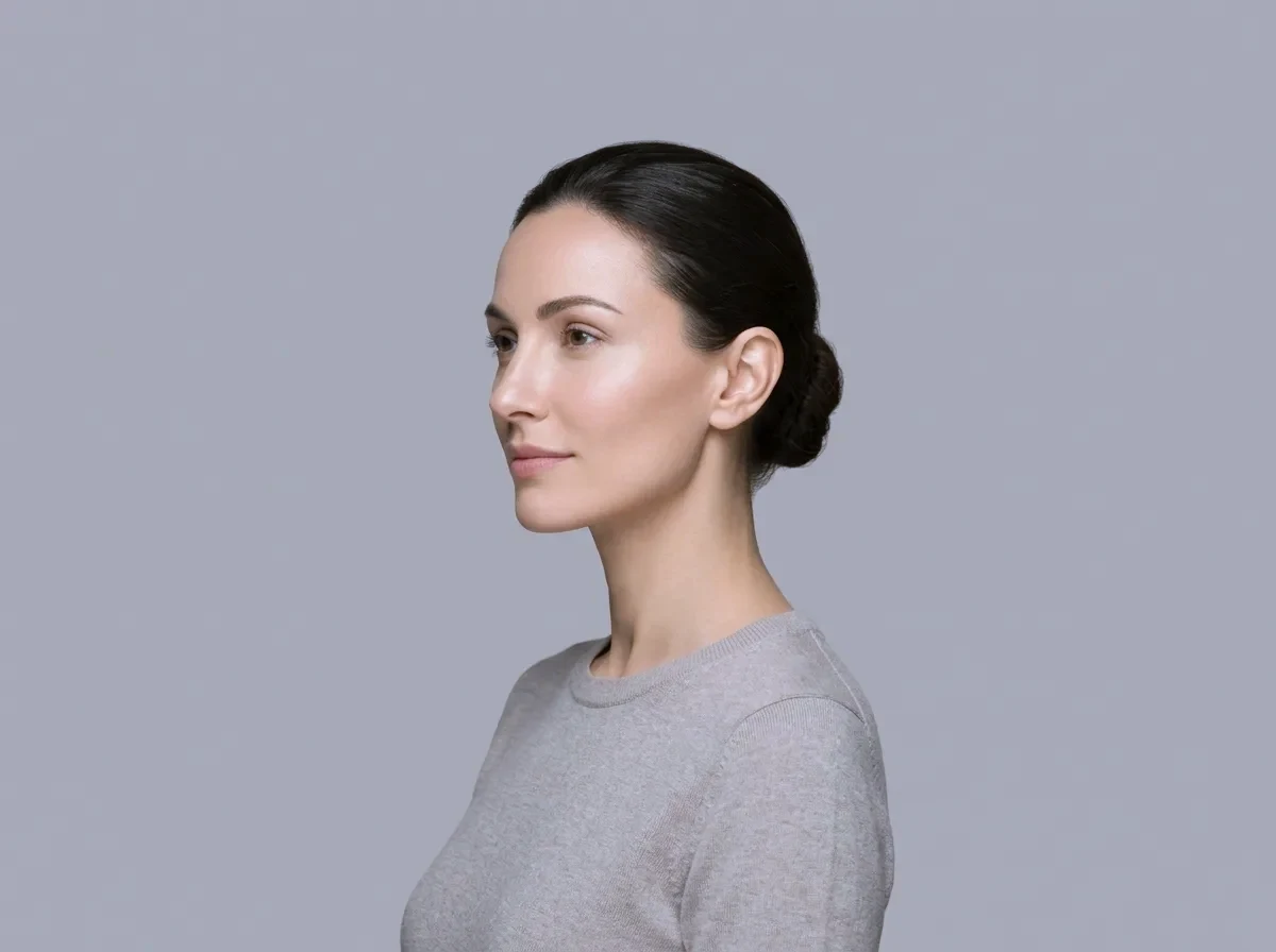 A profile view of a woman showing the line of her nose, chin and jaw