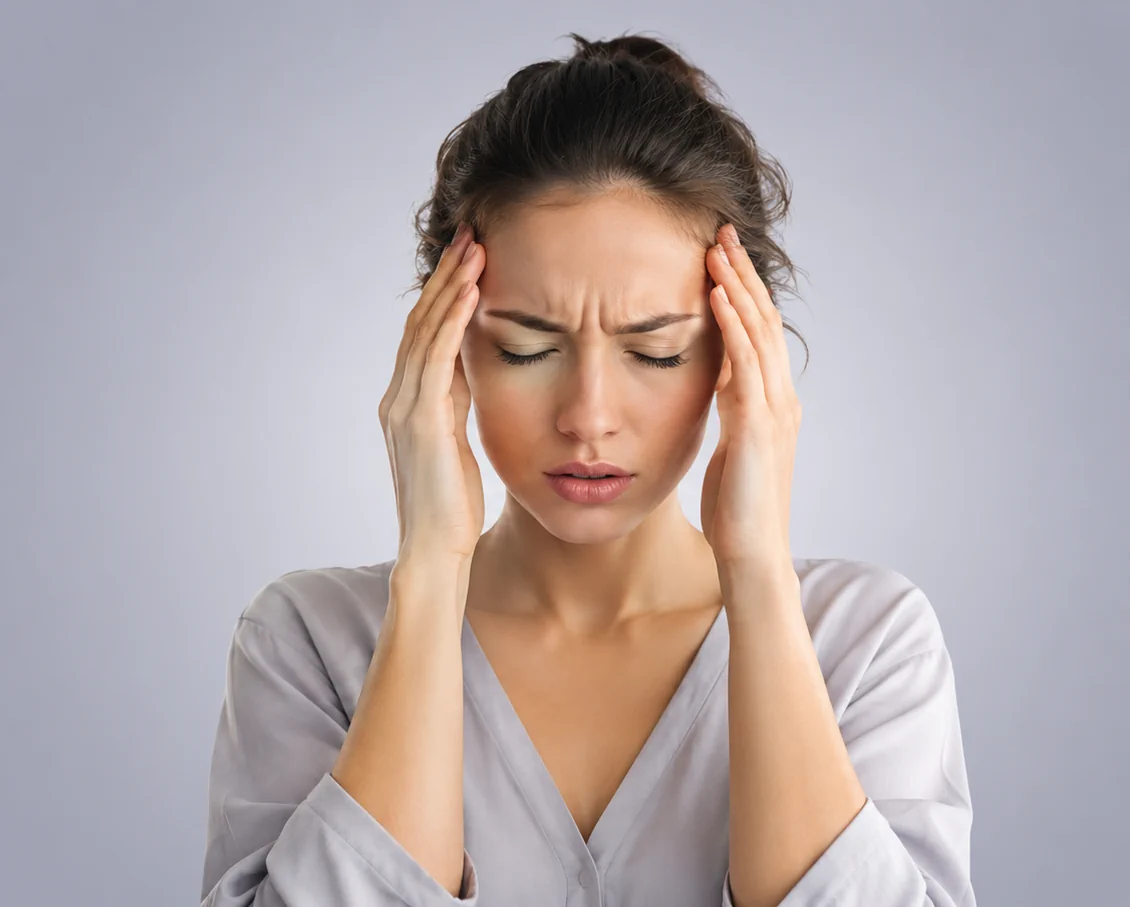 A woman holding her temples with her eyes closed during a headache