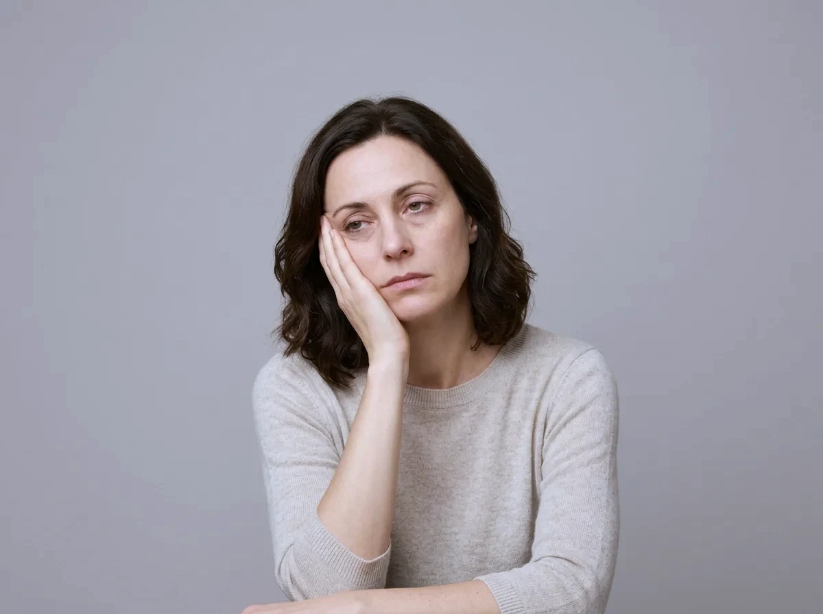 A woman resting her head against her hand, awake and visibly tired