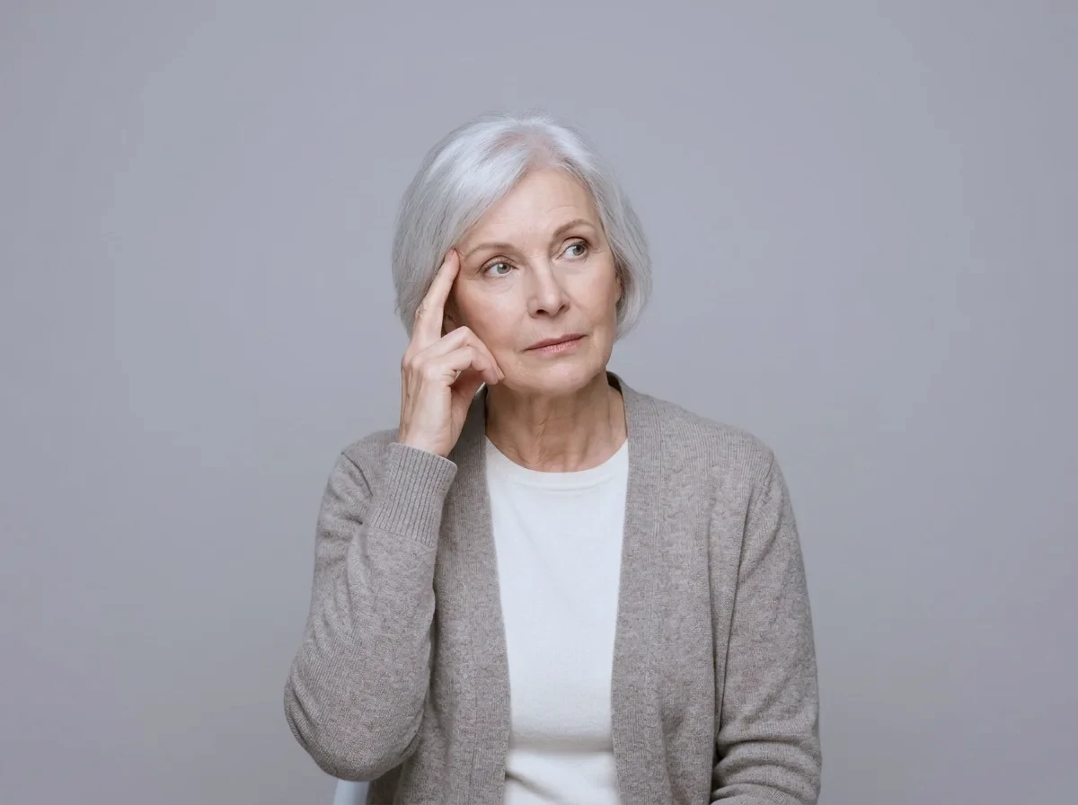 An older woman pausing with her fingers at her temple, trying to recall something