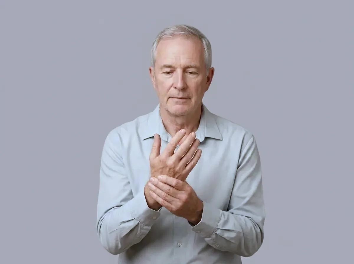 An older man steadying one trembling hand with the other