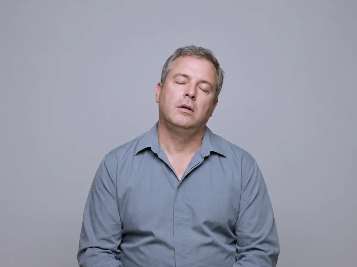 A man who has fallen asleep sitting upright, his head tipped back