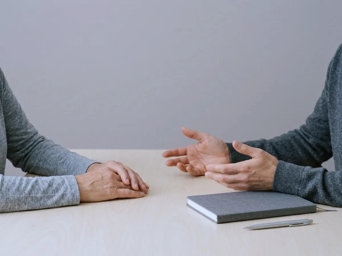 A clinician and a patient talking across a table, hands resting on the surface