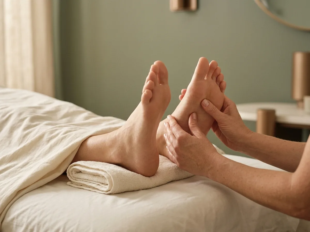 A therapist applying precise thumb pressure to the sole of a patient’s foot resting on a treatment couch